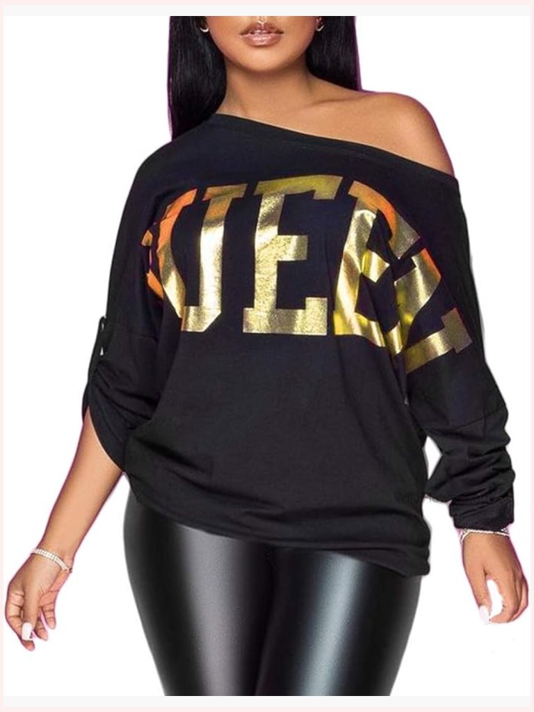 Off The Shoulder Shiny Metallic Long Sleeve Graphic Tee